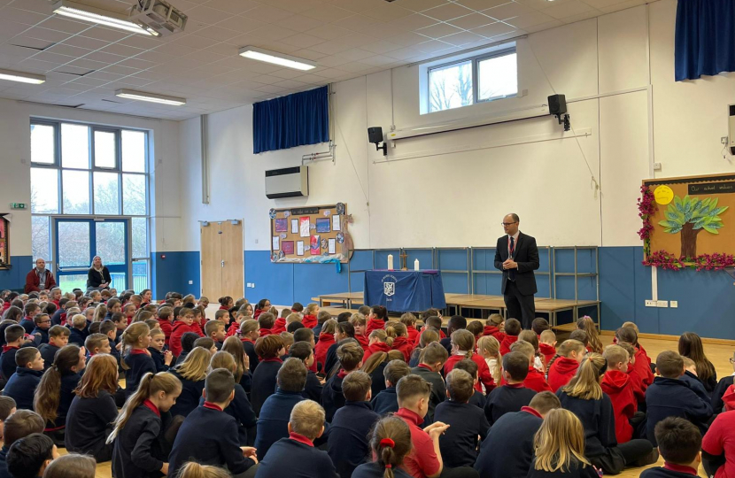 Luke Hall MP speaks with pupils at St Mary's Primary in Yate 