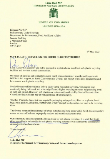 soft-plastic recycling letter to minister